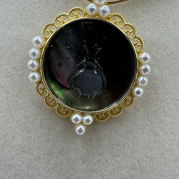Round Gold Tone Silver 925 and Black Shell Totoro Pendant on Ball Chain - Picture 5 of 9